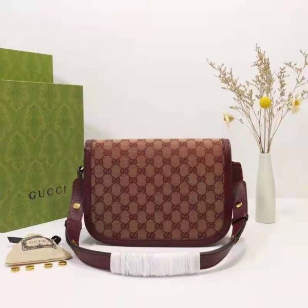 Gucci Unisex Gucci Horsebit 1955 Small Bag Beige and Burgundy Original GG Canvas (10)