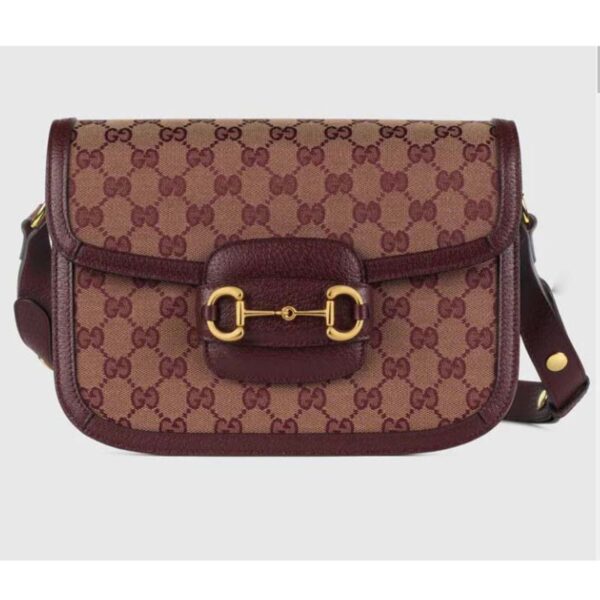 Gucci Unisex Gucci Horsebit 1955 Small Bag Beige and Burgundy Original GG Canvas