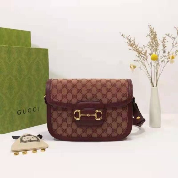 Gucci Unisex Gucci Horsebit 1955 Small Bag Beige and Burgundy Original GG Canvas (8)