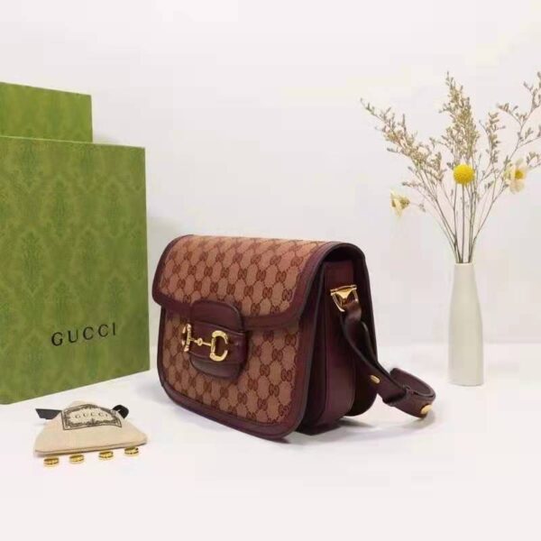 Gucci Unisex Gucci Horsebit 1955 Small Bag Beige and Burgundy Original GG Canvas (9)