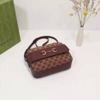 Gucci Unisex Horsebit 1955 Small Bag Beige and Burgundy Original GG Canvas