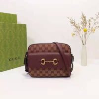 Gucci Unisex Horsebit 1955 Small Bag Beige and Burgundy Original GG Canvas