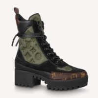 Louis Vuitton LV Women Laureate Platform Desert Boot Khaki Green Embroidered Nylon Suede Calf