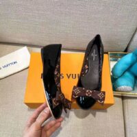 Louis Vuitton LV Women Popi Flat Ballerina Black Patent Calf Leather Monogram Nylon Bow