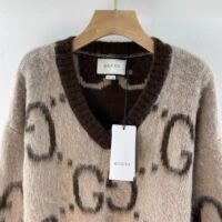 Gucci Women GG Mohair Wool V-Neck Sweater Beige Brown (1)