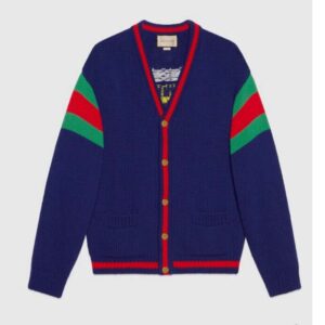 Gucci Women Gucci 100 Wool Cardigan Blue Wool Green Red V-Neck