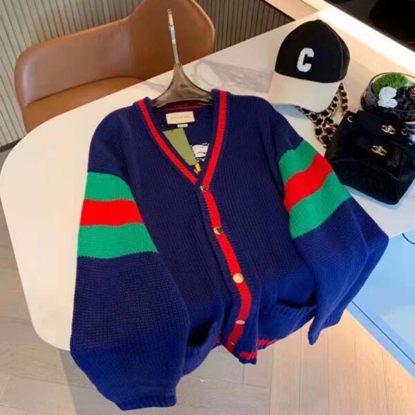 Gucci Women Gucci 100 Wool Cardigan Blue Wool Green Red V-Neck (8)