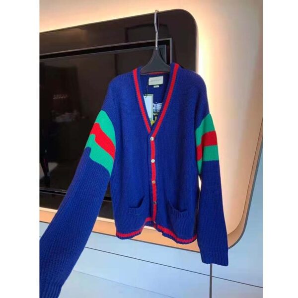 Gucci Women Gucci 100 Wool Cardigan Blue Wool Green Red V-Neck (9)