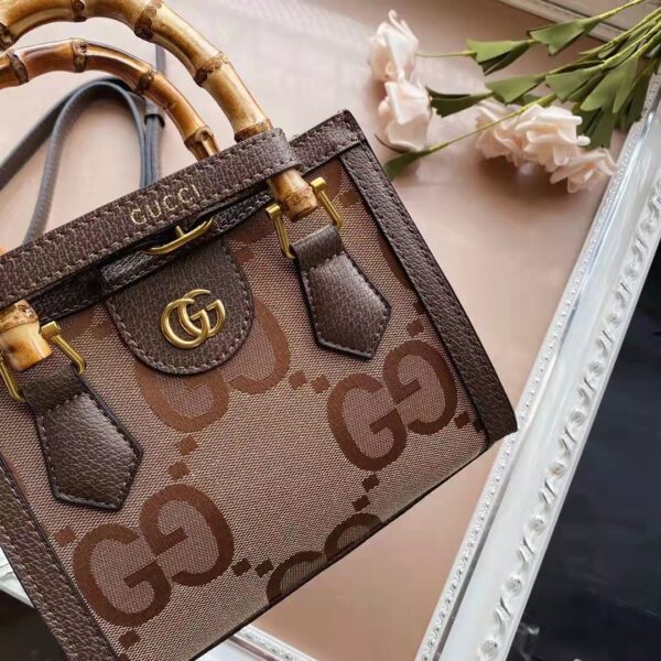 Gucci Women Gucci Diana Jumbo GG Mini Tote Bag Camel Brown Canvas (6)