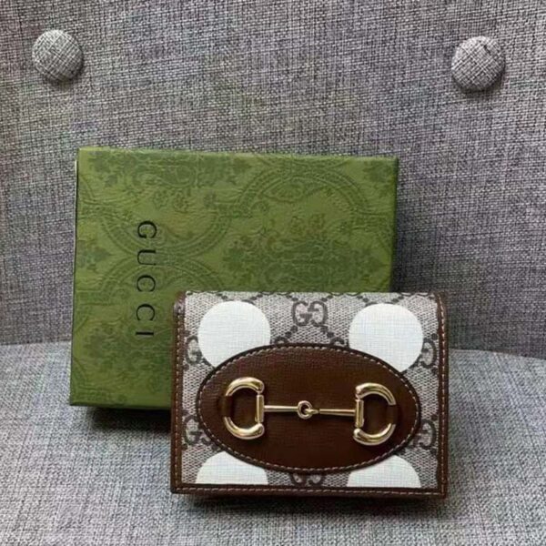 Gucci Women Horsebit 1955 Card Case Wallet Beige Ebony GG Supreme Canvas (2)