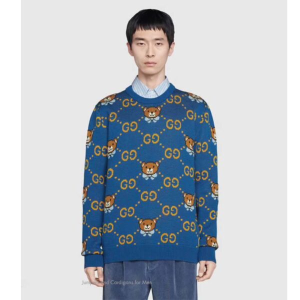 Gucci Men KAI x Gucci GG Jacquard Jumper Dark Blue Teddy Bear Wool Cotton Blend Crewneck (11)