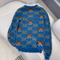 Gucci Men KAI x Gucci GG Jacquard Jumper Dark Blue Teddy Bear Wool Cotton Blend Crewneck