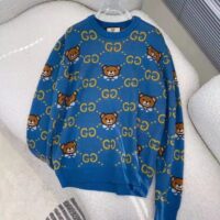 Gucci Men KAI x Gucci GG Jacquard Jumper Dark Blue Teddy Bear Wool Cotton Blend Crewneck