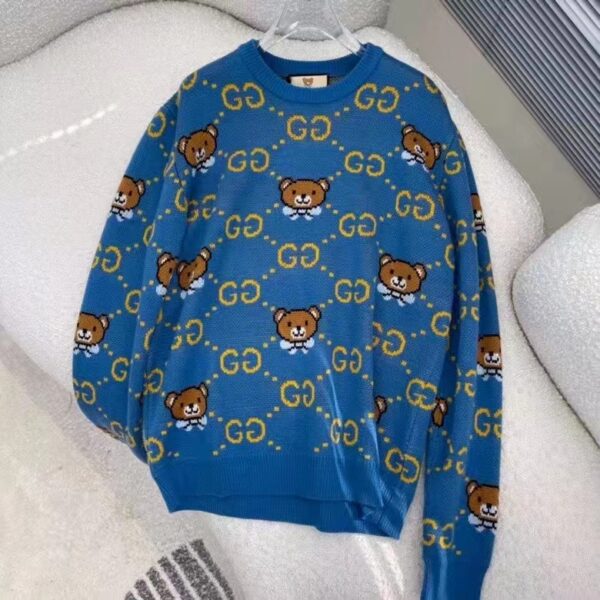 Gucci Men KAI x Gucci GG Jacquard Jumper Dark Blue Teddy Bear Wool Cotton Blend Crewneck (8)