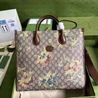 Gucci Unisex Medium Tote Carnation Print Beige Ebony GG Supreme Canvas (5)