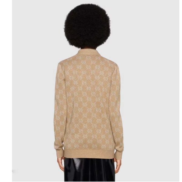 Gucci Women Lamé GG Jacquard Cardigan Camel Beige Fine Cotton (1)