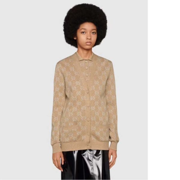 Gucci Women Lamé GG Jacquard Cardigan Camel Beige Fine Cotton (4)