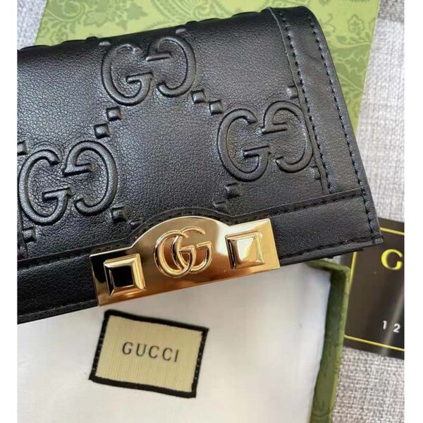 Gucci Unisex Card Case Wallet Black GG Leather Double G (11)