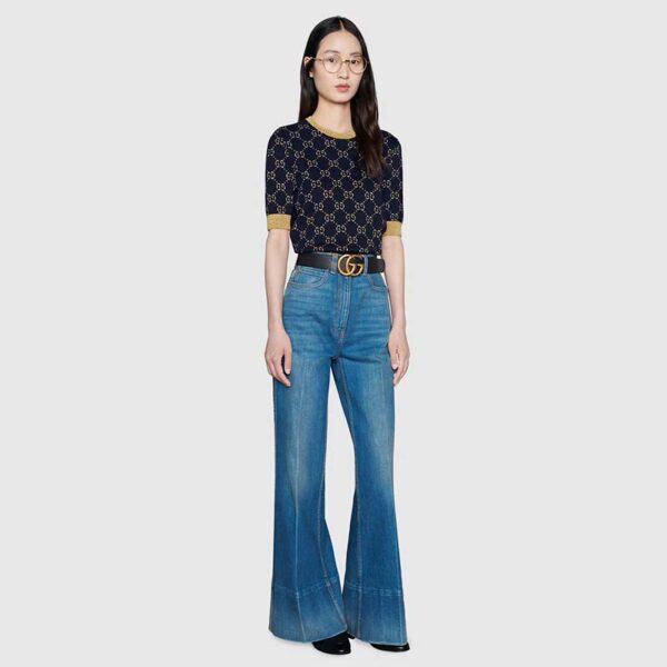 Gucci Women GG Cotton Lamé Top Blue Cotton Gold Lamé Trim Crew-Neck