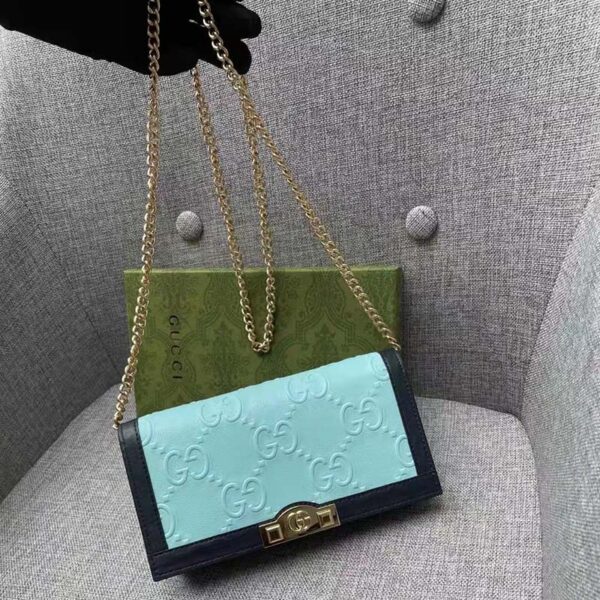 Gucci Women GG Wallet Chain Light Blue GG Leather Dark Blue Double G (10)