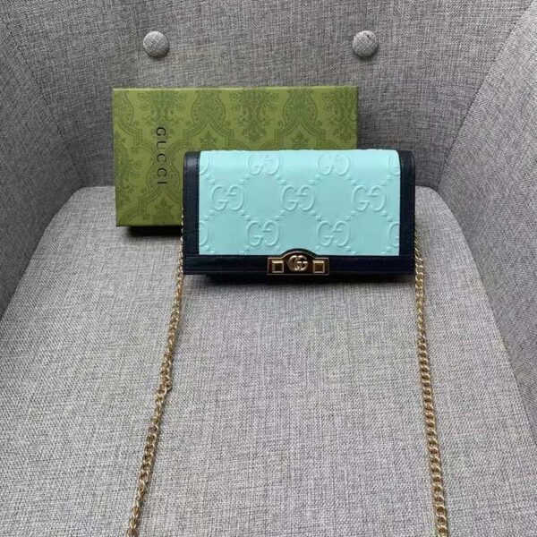 Gucci Women GG Wallet Chain Light Blue GG Leather Dark Blue Double G (4)