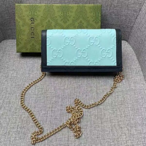 Gucci Women GG Wallet Chain Light Blue GG Leather Dark Blue Double G (8)