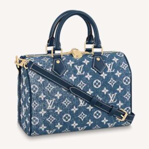 Louis Vuitton LV Unisex Speedy Bandoulière 25 Handbag Navy Blue Denim Jacquard Calfskin