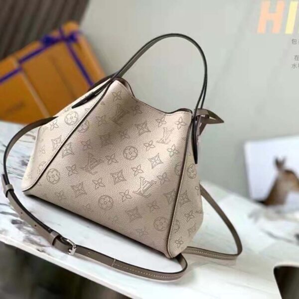 Louis Vuitton LV Women Hina PM Bucket Bag Gray Mahina Perforated Calf (10)