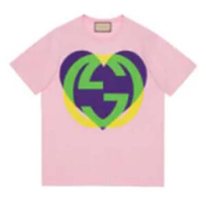 Gucci Men GG Interlocking G Heart T-Shirt Pink Cotton Jersey Crewneck Oversize Fit