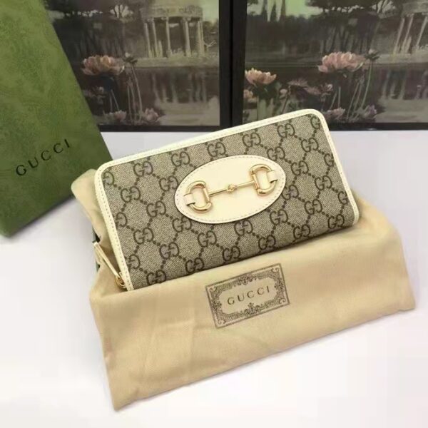 Gucci Unisex 1955 Horsebit Zip Around Wallet Beige Ebony GG Supreme Canvas (5)