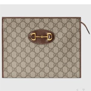 Gucci Unisex GG Horsebit 1955 Pouch Brown Beige Ebony GG Supreme Canvas