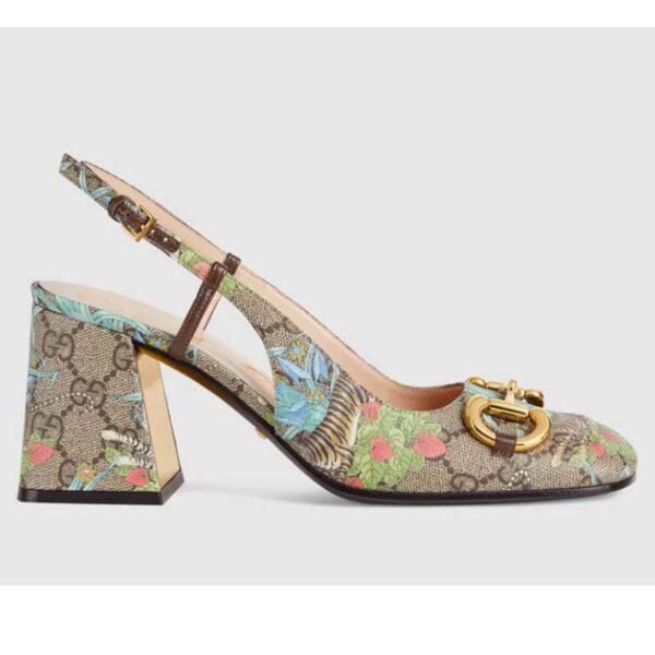 Gucci Unisex GG Tiger Mid-Heel Slingback Tiger Flower Beige Ebony Supreme Canvas (7)