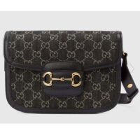 Gucci Unisex Horsebit 1955 Shoulder Bag Black Ivory GG Denim Jacquard (2)