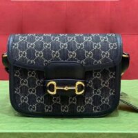 Gucci Unisex Horsebit 1955 Shoulder Bag Black Ivory GG Denim Jacquard (2)