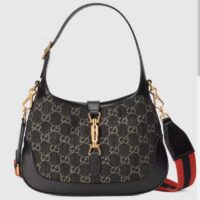 Gucci Unisex Jackie 1961 Small Shoulder Bag Black Ivory GG Denim Jacquard (6)