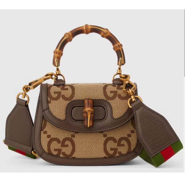 Gucci Women Bamboo 1947 Jumbo GG Mini Bag Brown Camel Ebony Canvas (11)