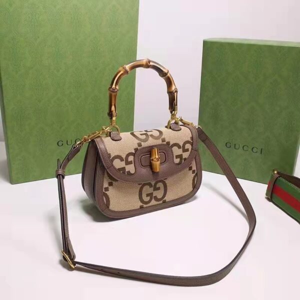 Gucci Women Bamboo 1947 Jumbo GG Mini Bag Brown Camel Ebony Canvas (3)