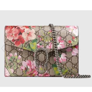 Gucci Women GG Dionysus Blooms Print Mini Chain Bag Beige Ebony Supreme Canvas