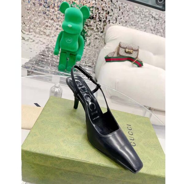 Gucci Women GG Slingback Pump Black Leather Back Ankle Buckle 8 cm Heel (10)