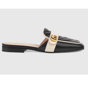 Gucci Women GG Slipper Double G Black Leather Matelassé Chevron Insert