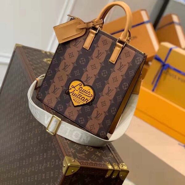 Louis Vuitton LV Unisex Sac Plat Cross Monogram Stripes Brown Coated Canvas (9)