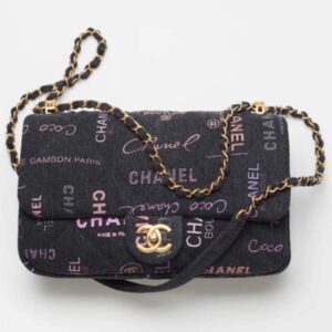 Chanel Women Large Flap Bag Printed Denim Gold-Tone Metal Black Multicolor