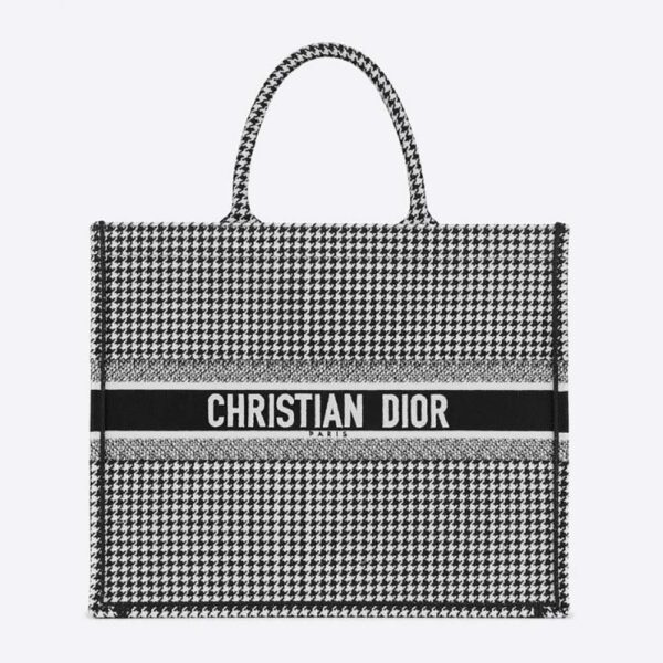 Dior Women Book Tote Black and White Houndstooth Embroidery (1)