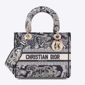 Dior Women CD Medium Lady D-Lite Bag Blue Toile De Jouy Reverse Embroidery