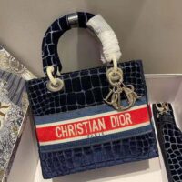 Dior Women Medium Lady D-lite Bag Blue Velvet Cannage Embroidery (1)