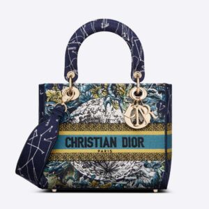 Dior Women Medium Lady D-lite Bag Latte Multicolor Dior Constellation Embroidery-Blue