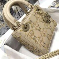 Dior Women Mini Lady Dior Bag Metallic Cannage Calfskin Platinum Beaded Embroidery (7)