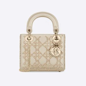 Dior Women Mini Lady Dior Bag Metallic Cannage Calfskin Platinum Beaded Embroidery