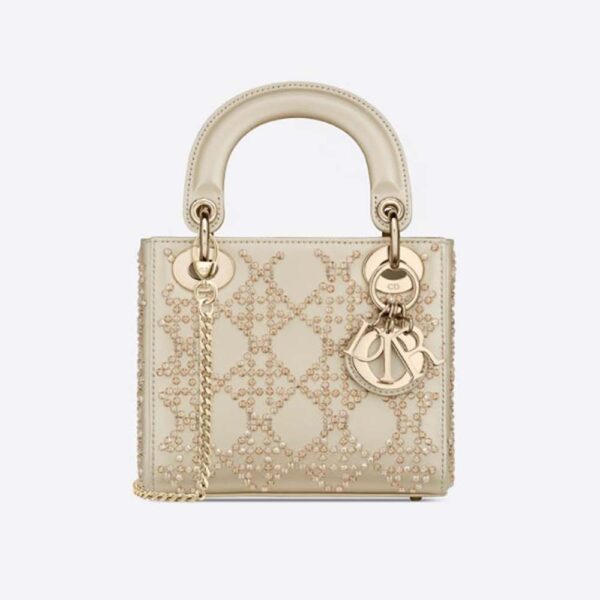 Dior Women Mini Lady Dior Bag Metallic Cannage Calfskin Platinum Beaded Embroidery (7)