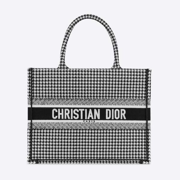 Dior Women Small Dior Book Tote Black and White Houndstooth Embroidery (1)